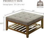 Large Square Ottoman Coffee Table, Linen Solid Upholstered Footrest Ottoman with Solid Wood Shelf Storage Tufted Coffee Table for Bedroom Living Room, Linen