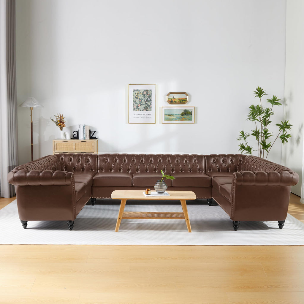 U Shaped Large Sectional Sofa, Chesterfield Leather Faux Couch Tufted Accent Sofa with Scroll Arms and Nailhead for Living Room, Office