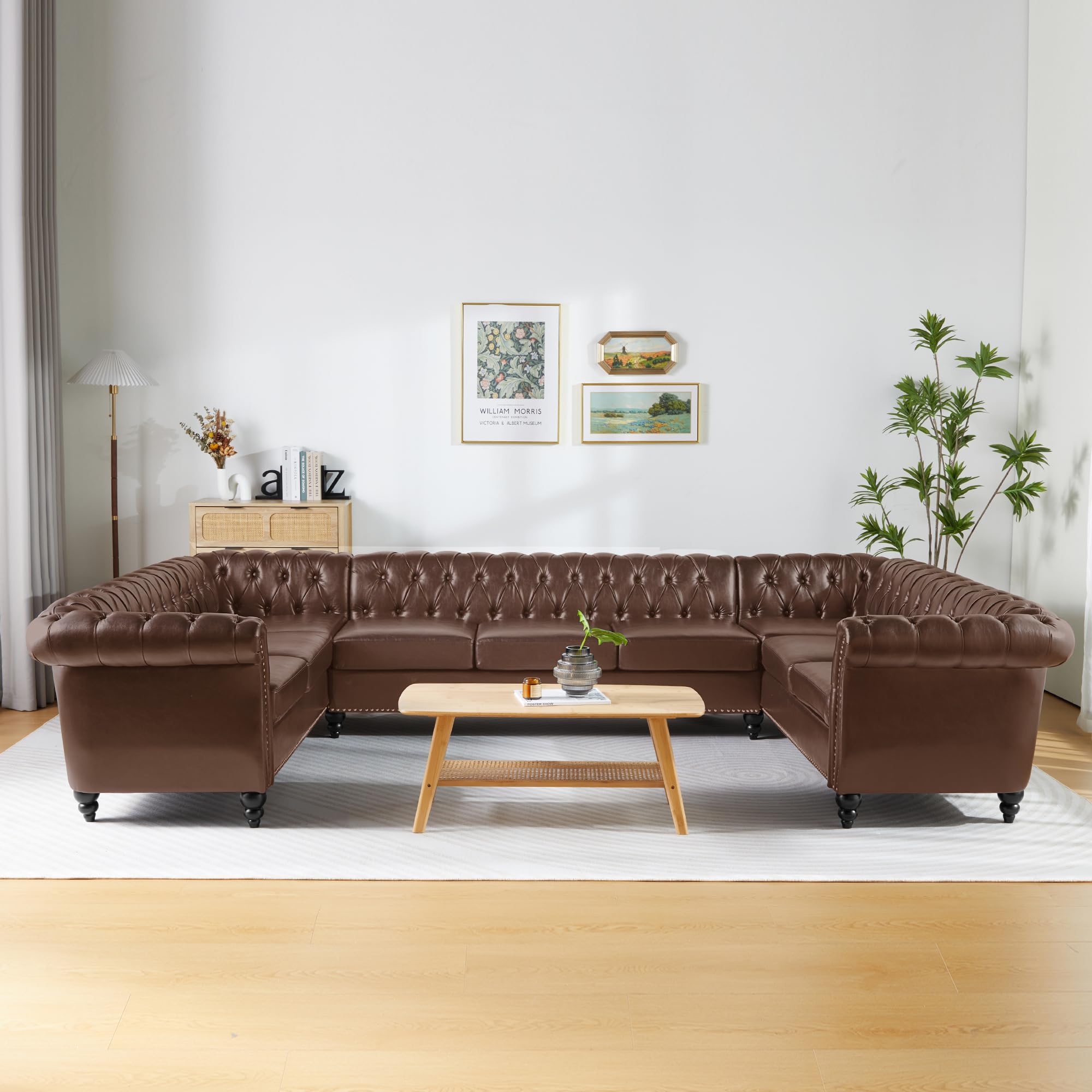 U Shaped Large Sectional Sofa, Chesterfield Leather Faux Couch Tufted Accent Sofa with Scroll Arms and Nailhead for Living Room, Office