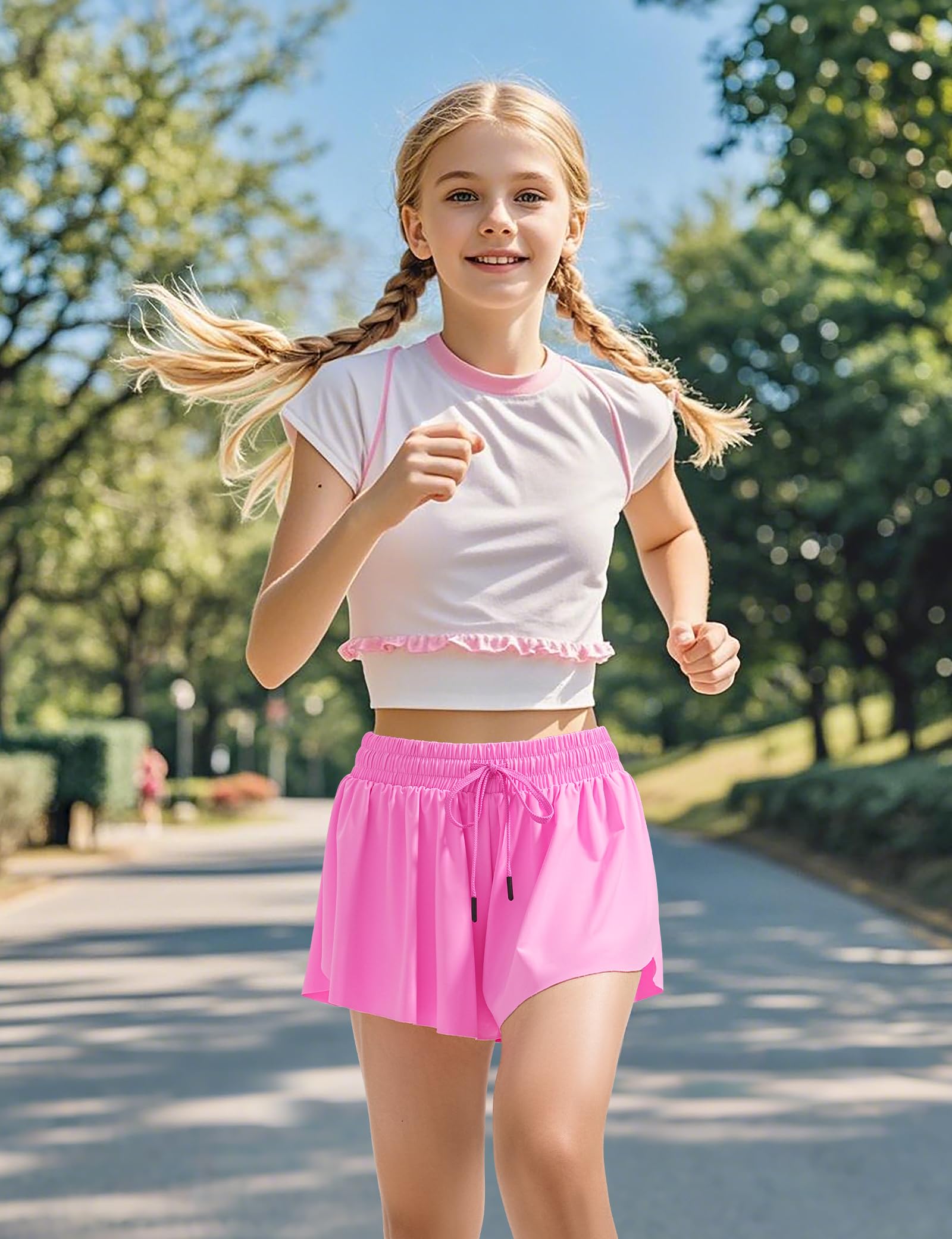 BOOPH Girls Flowy Shorts Athletic Butterfly Shorts Girls with Inner Pockets for Running Tennis Rose Red 9-10Y