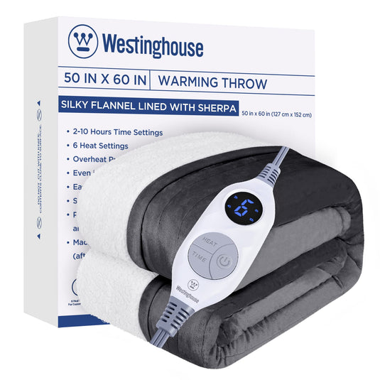 Westinghouse Heated Throw Blanket, Electric Blanket Throw with 6 Heating Levels and 2-10 Hours Time Settings, Flannel to Sherpa Super Cozy Heated Blanket Machine Washable, 50x60 inch, Charcoal