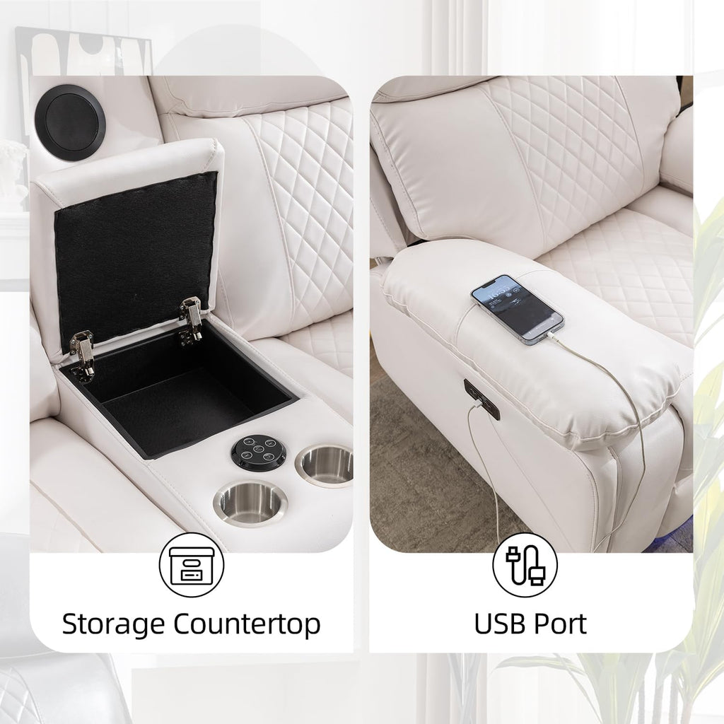 Power Recliner Sofa Set for Living Room, 3 Seater Faux Leather Reclining Couch Sofa, Home Theater Love seat Sets with Bass Speaker, Loveseat Recliner with Cup Holder, USB Port, LED Lights, White