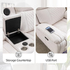 Power Recliner Sofa Set for Living Room, 3 Seater Faux Leather Reclining Couch Sofa, Home Theater Love seat Sets with Bass Speaker, Loveseat Recliner with Cup Holder, USB Port, LED Lights, White
