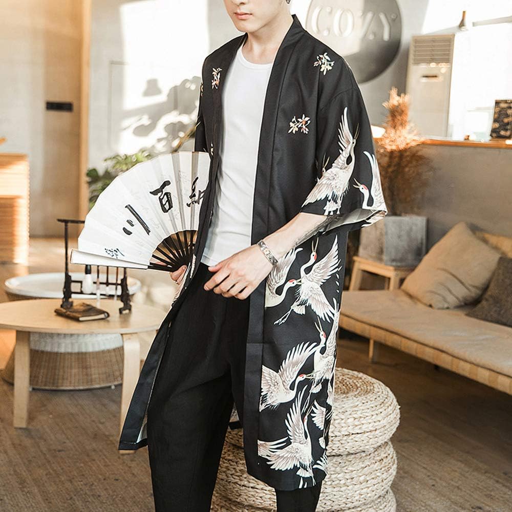 HAORUN Men Japanese Kimono Coat Loose Yukata Outwear Long Bathrobe Tops Vintage