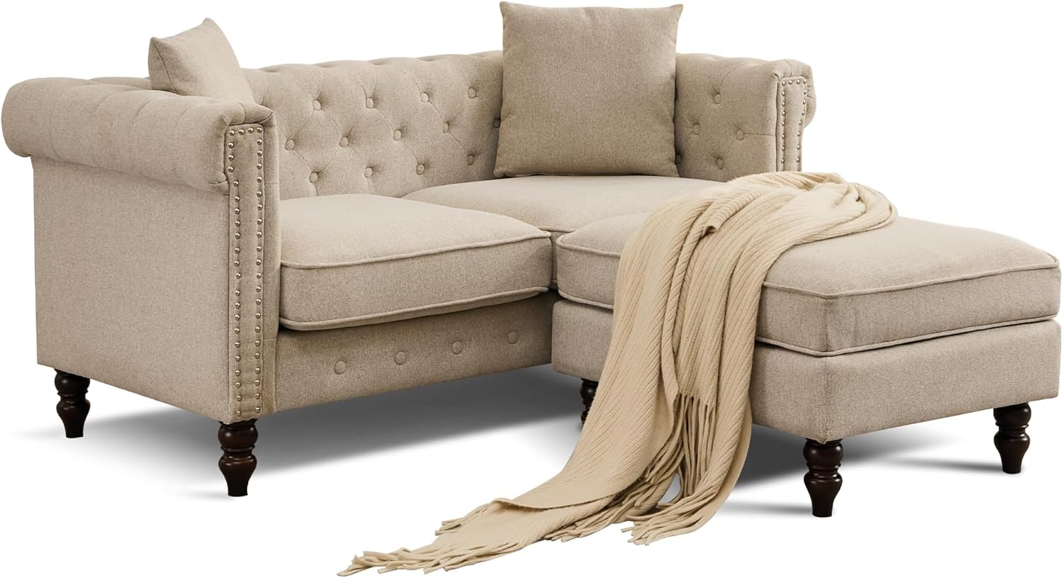 Mid-Century Modern Chesterfield Sofa with Ottoman, Linen Loveseat Classical Retro 2 Seater Couch Tufted Deep Seat Sofa Pet Friendly Sofa Victorian Couch for Living Room (Grey)