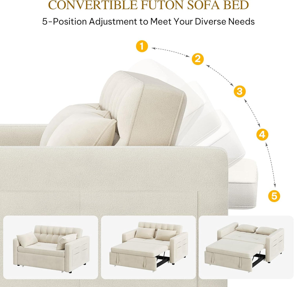 DWVO 3-in-1 Convertible Sofa Bed, 55" Sleeper Sofa with Pull-Out Bed, Cat-Scratch-Proof Fabric Futon Couch with Adjustable Backrest and Side Pocket, Loveseat for Living Room Apartment, Beige