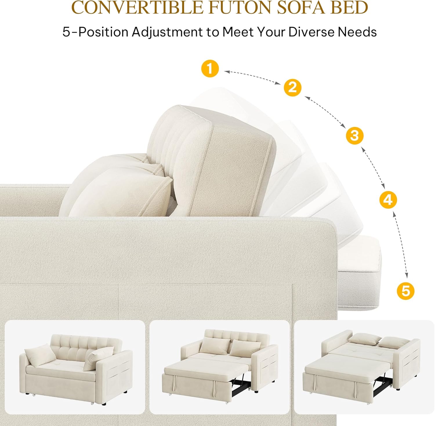 DWVO 3-in-1 Convertible Sofa Bed, 55" Sleeper Sofa with Pull-Out Bed, Cat-Scratch-Proof Fabric Futon Couch with Adjustable Backrest and Side Pocket, Loveseat for Living Room Apartment, Beige