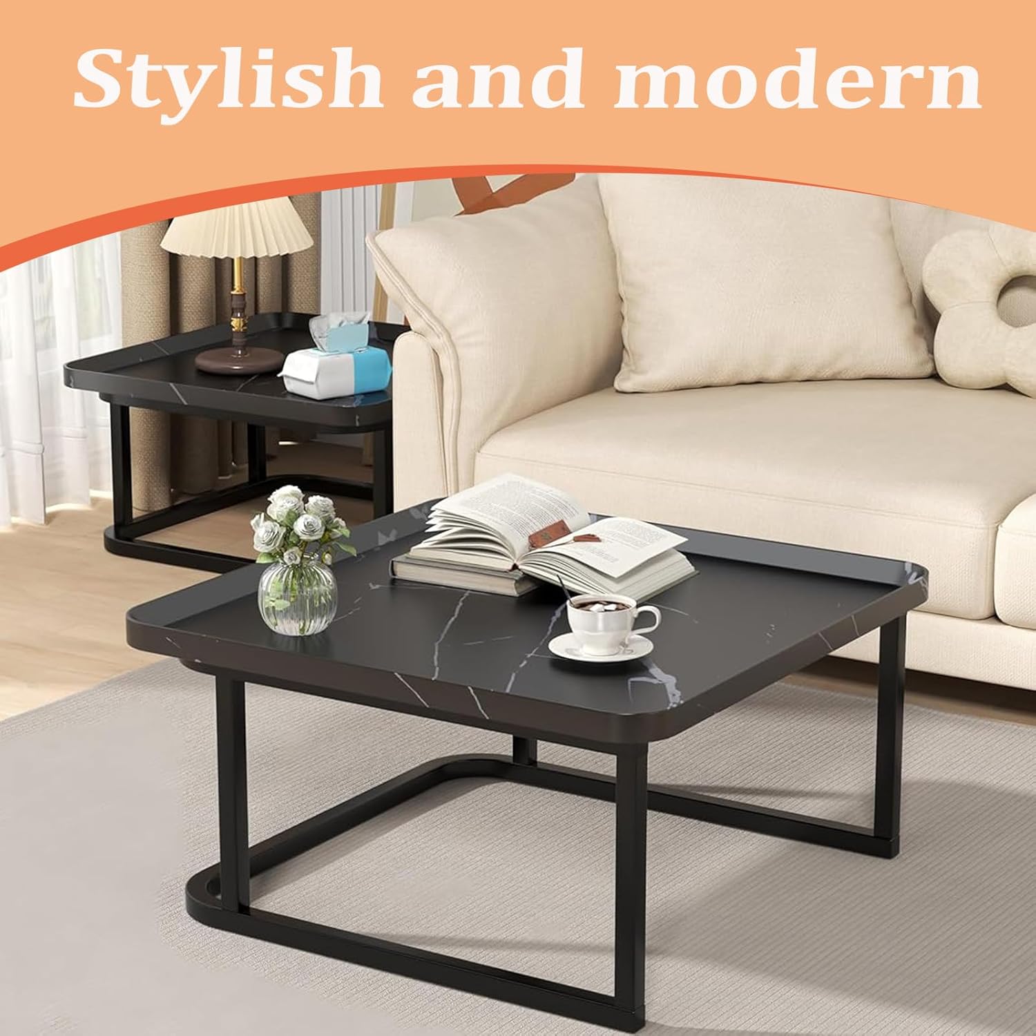 Square Coffee Tables Living Room Set of 2, Nesting Walnut Coffee Table with Fluted, End Tables for Bedroom Office Balcony Yard (23.5"+19.5" Black)