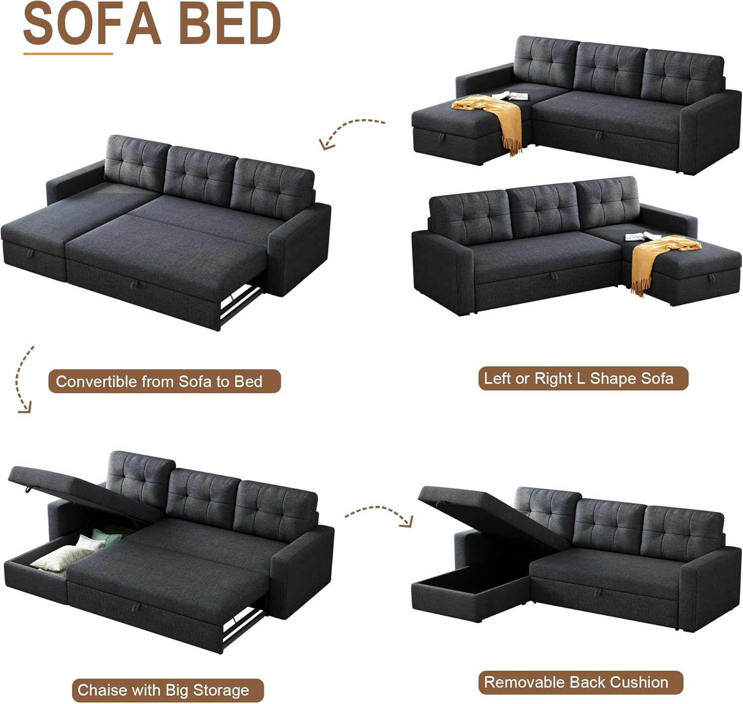Upholstered Sleeper Sofa, L Shaped Sectional Couch with Reversible Storage, Convertible Corner Lounge Couches w/Pull Out Sofabed for Living Room, Apartment,Dark Grey