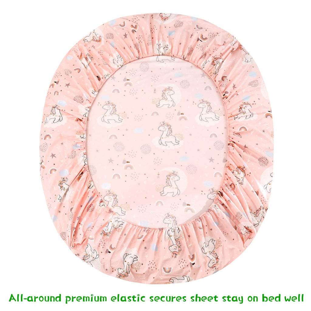 ست ملحفه کودکان یونیکورن صورتی JSD، سایز تویین، ۳ تکه، ملحفه‌های رختخواب میکروفایبر چاپ شده با طرح رنگین کمان برای دختران، جیب عمیق