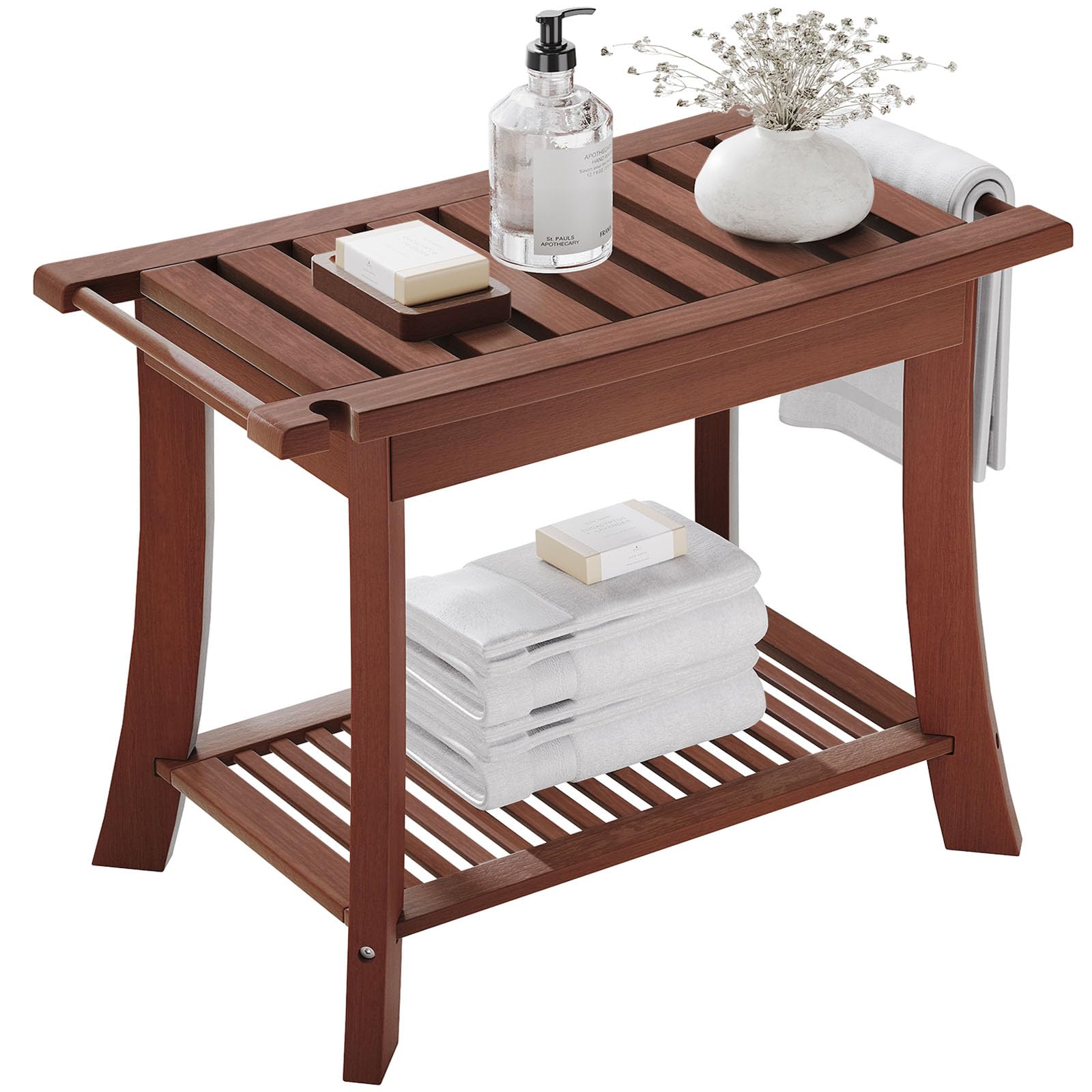 Homman Teak Shower Bench, 24 Inch Teak Shower Stool 300lbs Wood Shower Chair Seat with Storage Shelf Towel Rack for Bathroom Indoor and Outdoor Use