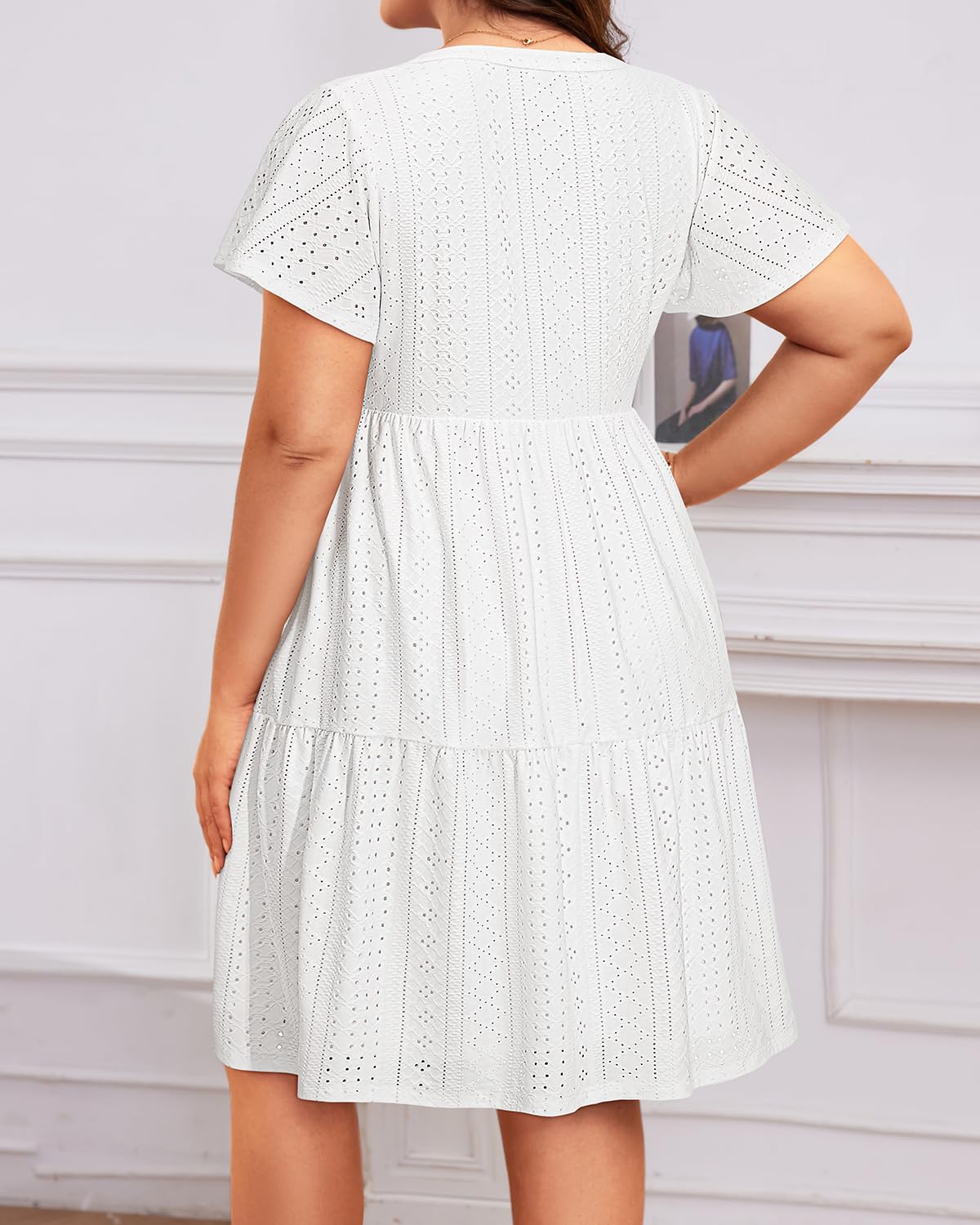 Talisea Plus Size White Dress Eyelet Summer Casual Beach Graduation Short Sleeve Ruffle Tiered Button Boho Sundress Women