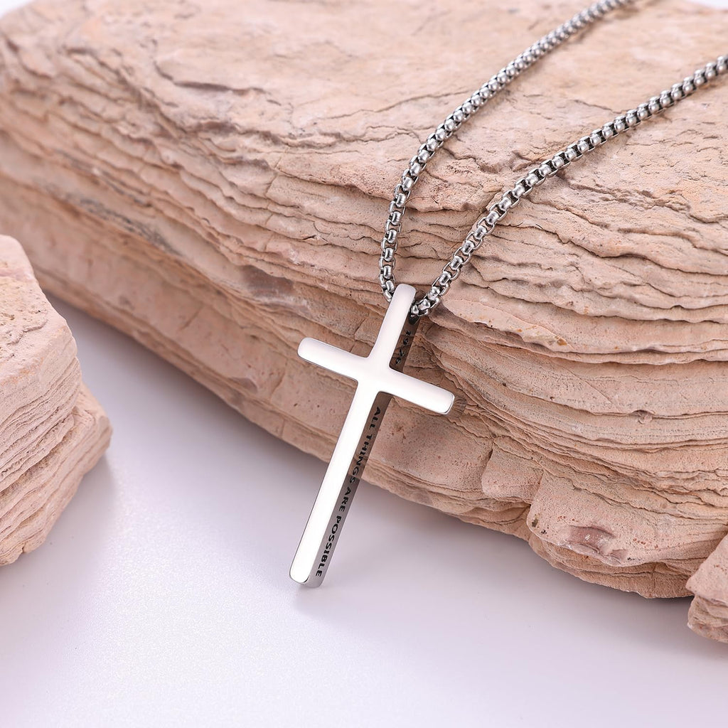 Fiusem Cross Necklace for Men, Inspirational Bible Verse Cross Chain for Men, Stainless Steel Box Necklace
