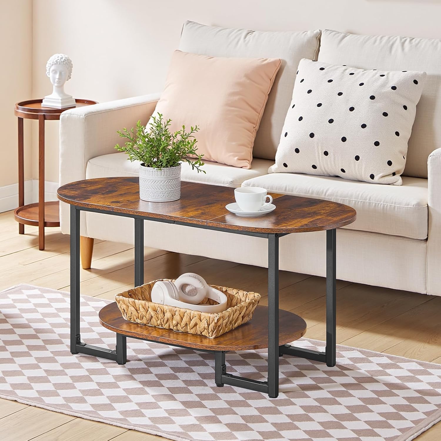 HOOBRO Coffee Table for Living Room, Oval Small Coffee Table with 2-Tier Open Storage Shelf, Industrial Cocktail Tea Table, Wooden Desktop Center Table, Farmhouse, Home Office, Rustic Brown BF09KF01