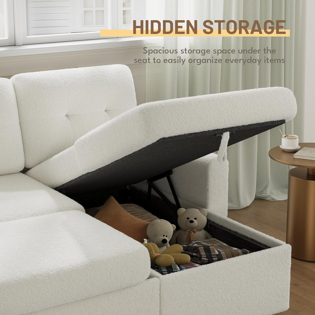 IULULU Sleeper Sofa, L Shaped Boucle Sectional Couch with Pullout Bed, Reversible Storage Chaise, 2 in 1 Pull Out Couches for Living Room, Apartment, Off White