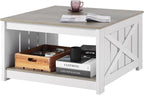 VEVOR 31.5" Farmhouse Coffee Table, Square Coffee Table with Open Storage Compartment, Wooden Rustic Cocktail Table for Living Room, Bedroom, Apartment, Studio, Grey & White