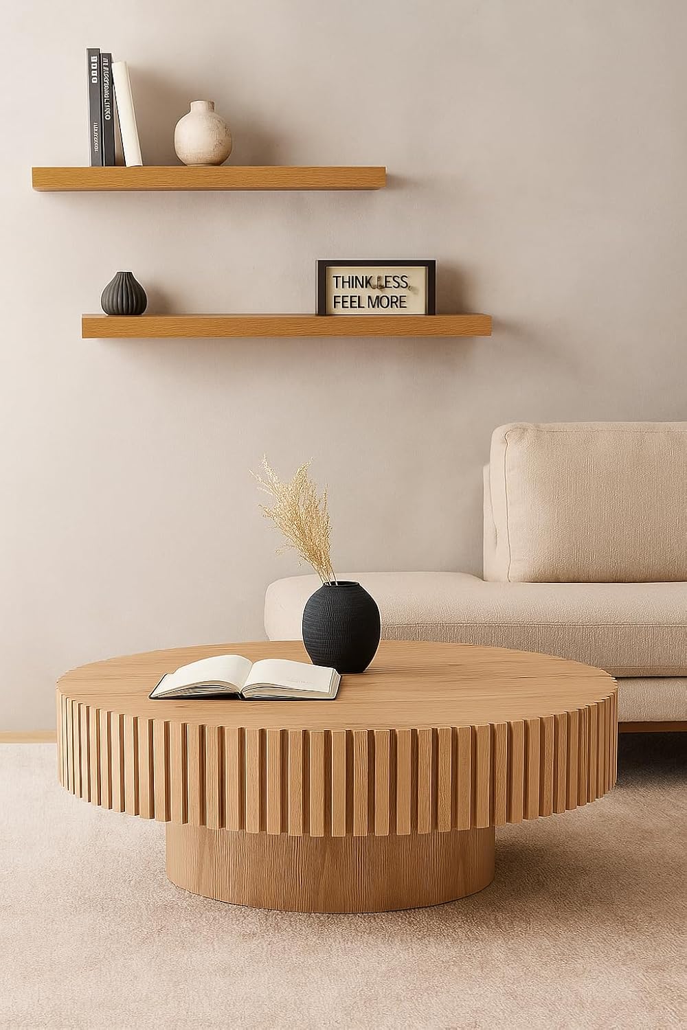 Round Coffee Table for Living Room Contemporary Wood Circle Fluted Coffee Table for Apartment, Easy Assembly ø31.49'', Wood Oak