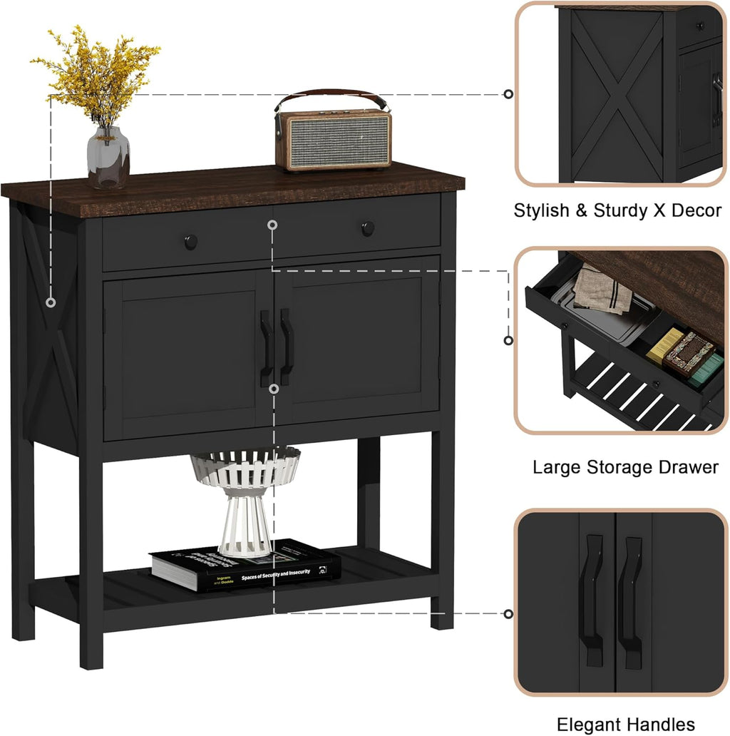 ChooChoo Farmhouse Console Table, Entryway Table with Storage Shelf, Coffee Bar Cabinet, Narrow Buffet Sideboard for Kitchen, Hallway, Living Room, Black