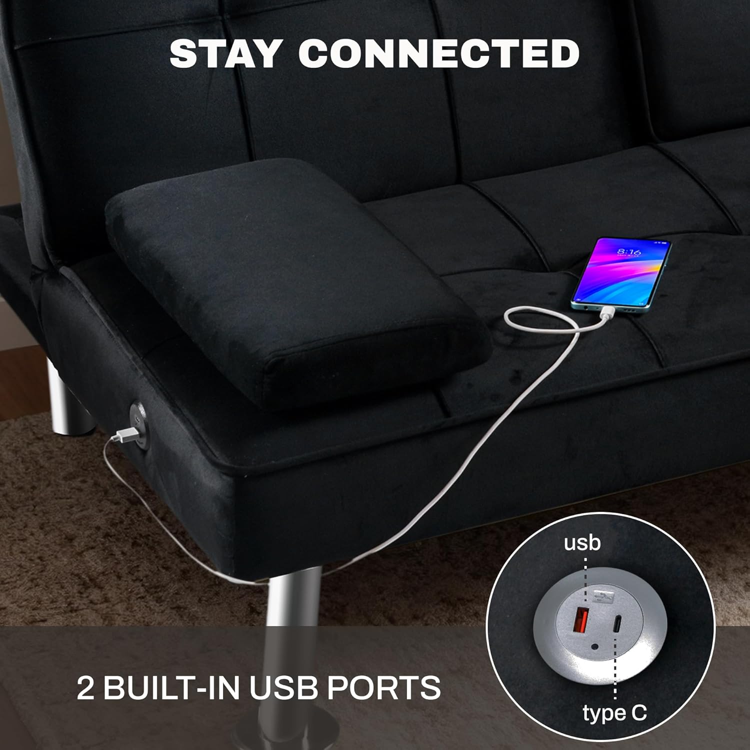 FLEXISPOT XCT3 Futon Sofa Bed with USB & Type-C Charging Port, Convertible Sleeper Couch with Adjustable Backrest, Folding Loveseat for Small Space, Living Room, Guest Room, Apartment (Velvet, Black)