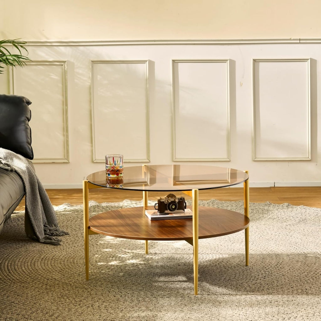 Saint Mossi Glass Round Coffee Table for Living Room, Middle-Century Modern Style, Coffee Brown Glass Top & Walnut Brown MDF Wood Top, with Gold Finish Legs & Frame
