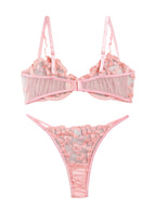 Lilosy Sexy Mignon Soutien-gorge à Armatures Push Up Bretelles Cœur Brodé Maille Transparente Ensemble de Lingerie pour Femmes Soutien-gorge Transparent et Culotte 2 Pièces Rose Très Petit