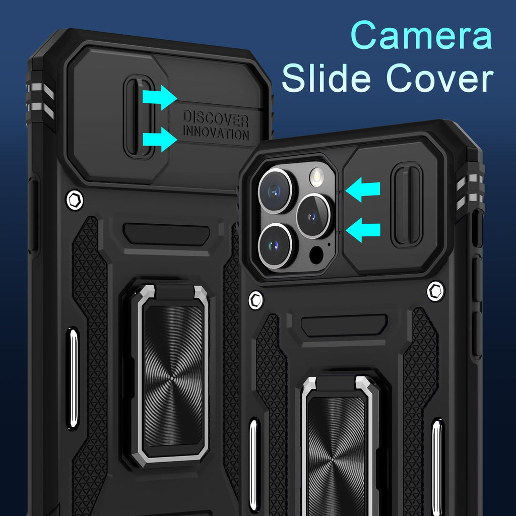DEERLAMN Hoes voor iPhone 13 Pro Max met schuifcamera cover+schermbeschermer (1 stuk), gedraaide ring standaard militaire graad schokbestendige beschermhoes 6.7 inch-zwart