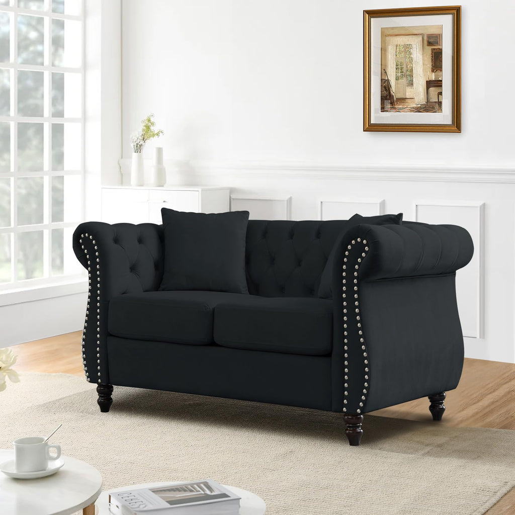 Chesterfield Sofa Couch,80" Button Tufted Velvet Sofa with Rolled Arms&Nailhead Trim,Comfy 3 Seater Sofa,Oversize Mid Century Modern Couch for Living Room,Bedroom,Apartment,Office(Black)