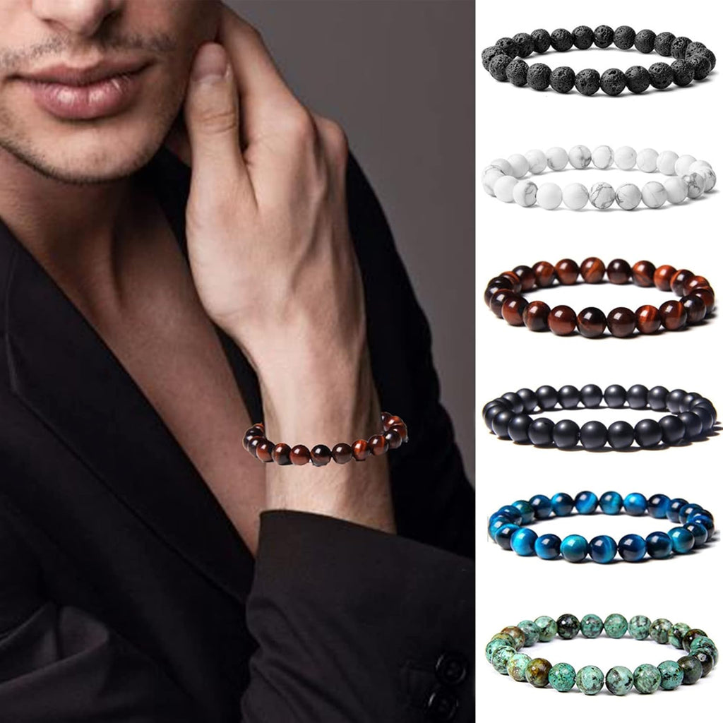CASDAN 12PCS 8mm Semi-Precious Gemstones Beaded Bracelets for Men Women Tiger Eye Lava Rock Crystal Stone Bead Bracelets Set