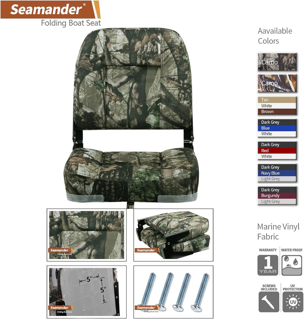 Seamander Low-Back Padded Boat Seats,Fishing Boat Seats with Back Pocket & Breathable Mesh Bottom - 110° Ergonomic Design,Fold-Down Seats