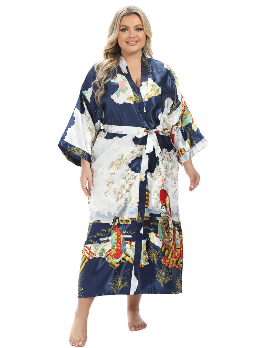 Women's Floral Long Satin Robes Plus Size Long Silk Robes Peacock Floral Kimonos Sleepwear Dressing Gown
