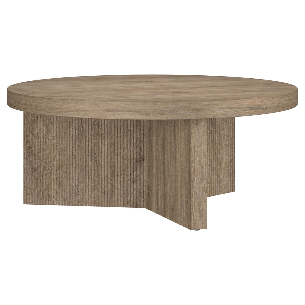 Henn&Hart 36" Fluted Round Wood Pedestal Low-Profile Coffee Table for Living Room, Family Room, or Office, Alder Brown