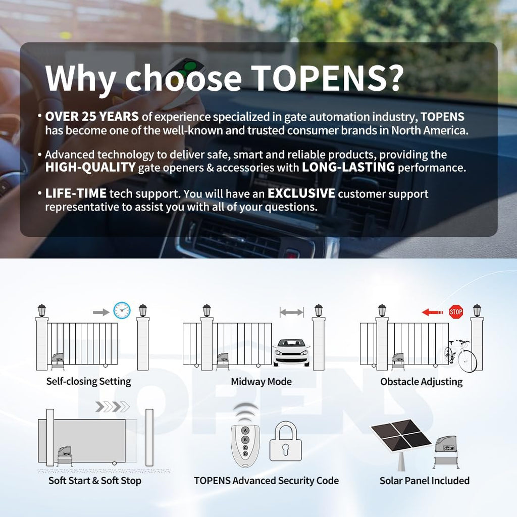 TOPENS DKC500S Solar Sliding Gate Opener Chain Drive Automatic Gate Motor for Heavy Driveway Slide Gates Up to 1300 Pounds, Electric Gate Operator Battery Powered with Solar Panel Remote Control Kit