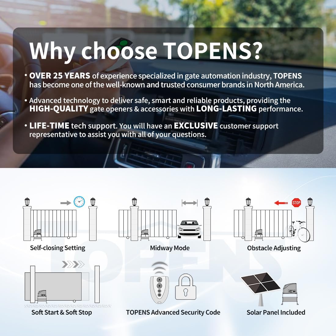 TOPENS DKC500S Solar Sliding Gate Opener Chain Drive Automatic Gate Motor for Heavy Driveway Slide Gates Up to 1300 Pounds, Electric Gate Operator Battery Powered with Solar Panel Remote Control Kit
