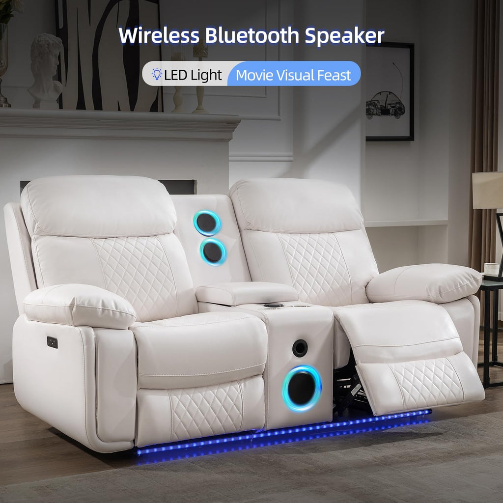 Power Recliner Sofa Set for Living Room, 3 Seater Faux Leather Reclining Couch Sofa, Home Theater Love seat Sets with Bass Speaker, Loveseat Recliner with Cup Holder, USB Port, LED Lights, White