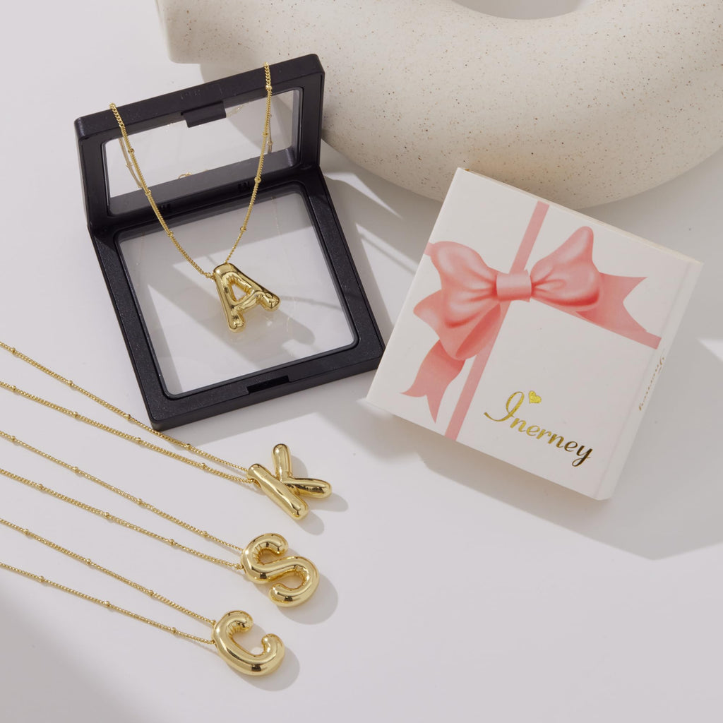 Inerney Gold Bubble Letter Necklace Initial Necklaces for Women, Chunky 14K Plated Balloon Initials, Trendy Charm Non Tarnish Custom Name A Pendant Jewelry Gifts for Mom