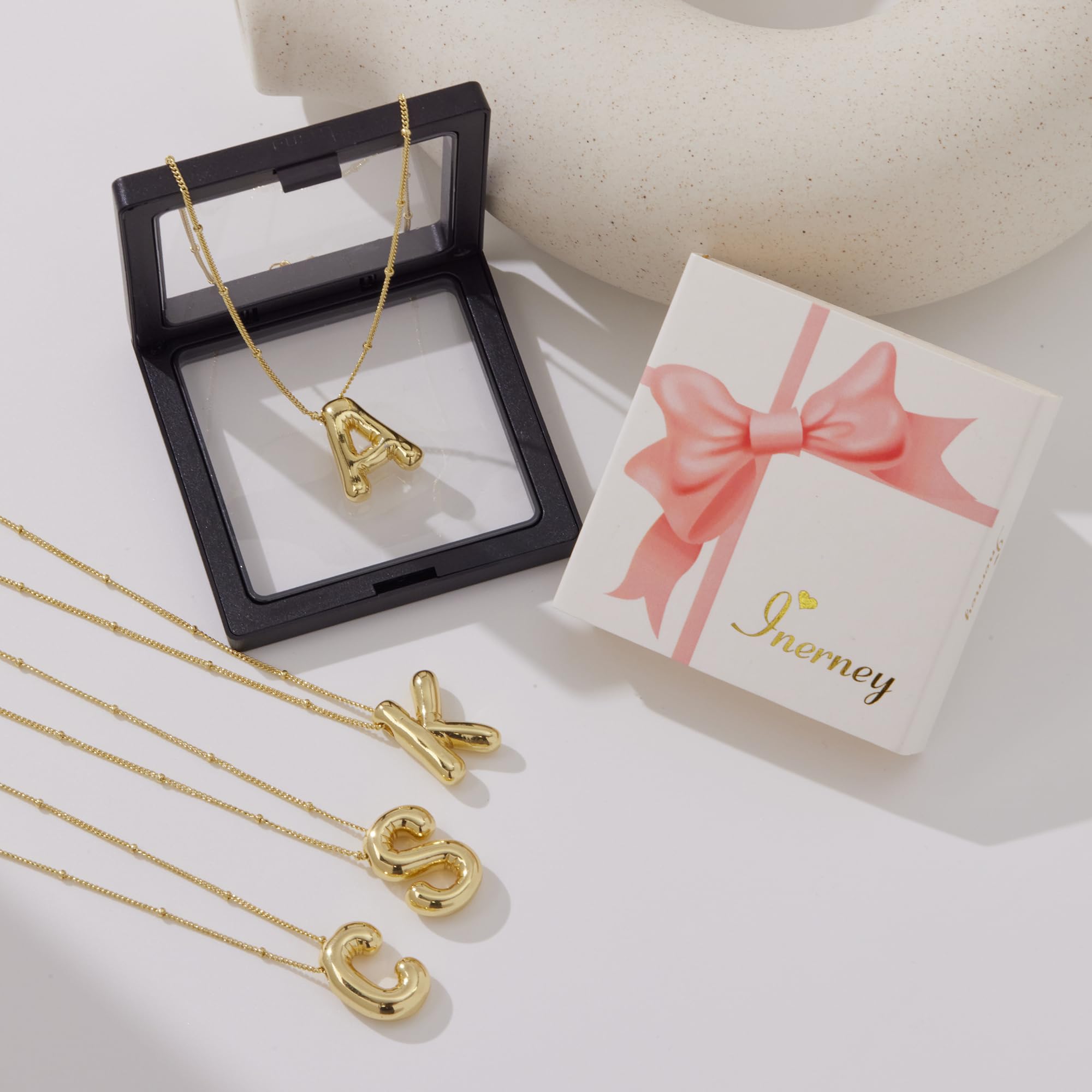Inerney Gold Bubble Letter Necklace Initial Necklaces for Women, Chunky 14K Plated Balloon Initials, Trendy Charm Non Tarnish Custom Name A Pendant Jewelry Gifts for Mom