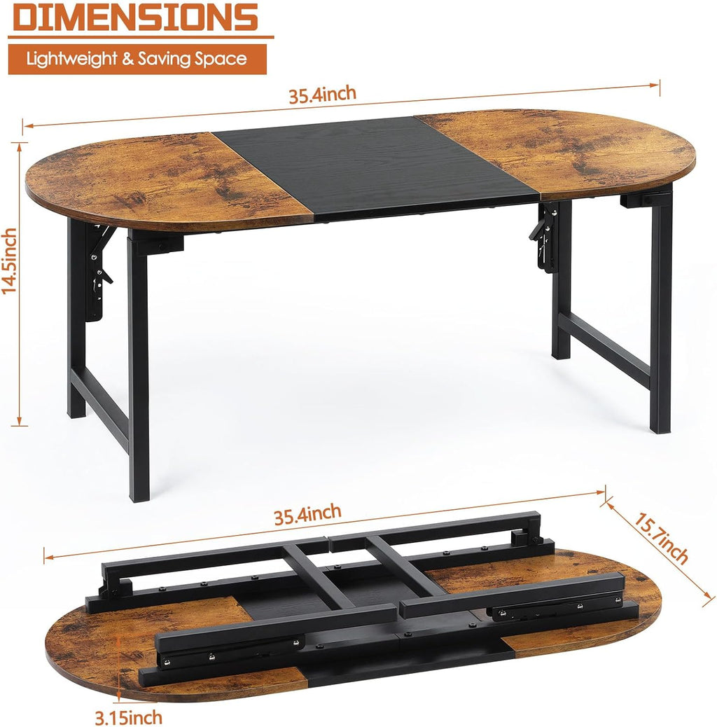 Shinoske Folding Coffee Tables for Small Spaces,35.4" Small Coffee Tables for Living Room,Dorm,Apartment,Space Saving,Rustic Oval Cocktail Tea Table,Easy to Fold,Brown and Black
