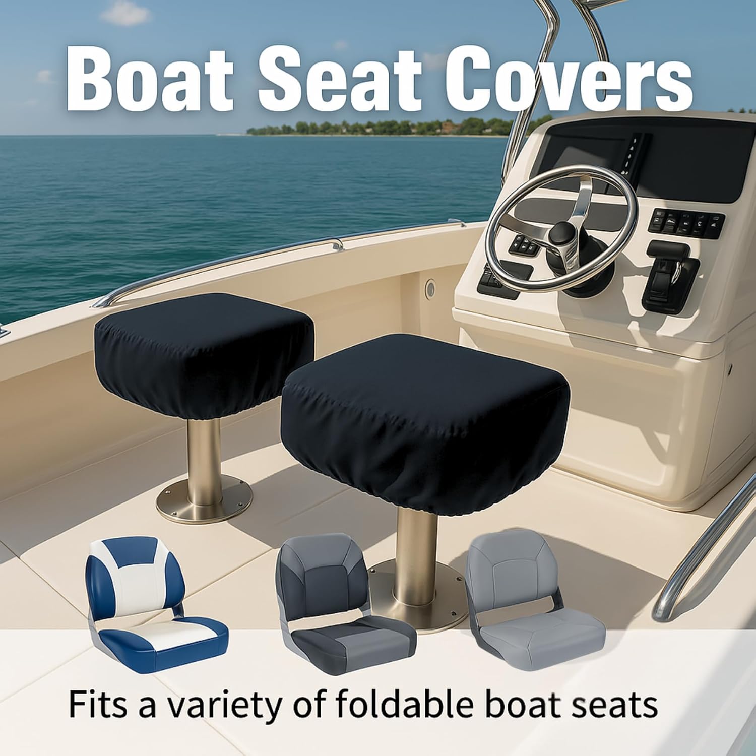 2-Pack Waterproof Boat Seat Covers for Folding Seats – Premium Pontoon Boat Seat Covers Marine-Grade All-Weather Protectors with Elastic Hem – Large Fit for Folding Seats – 18”W x 20”D x 14”H