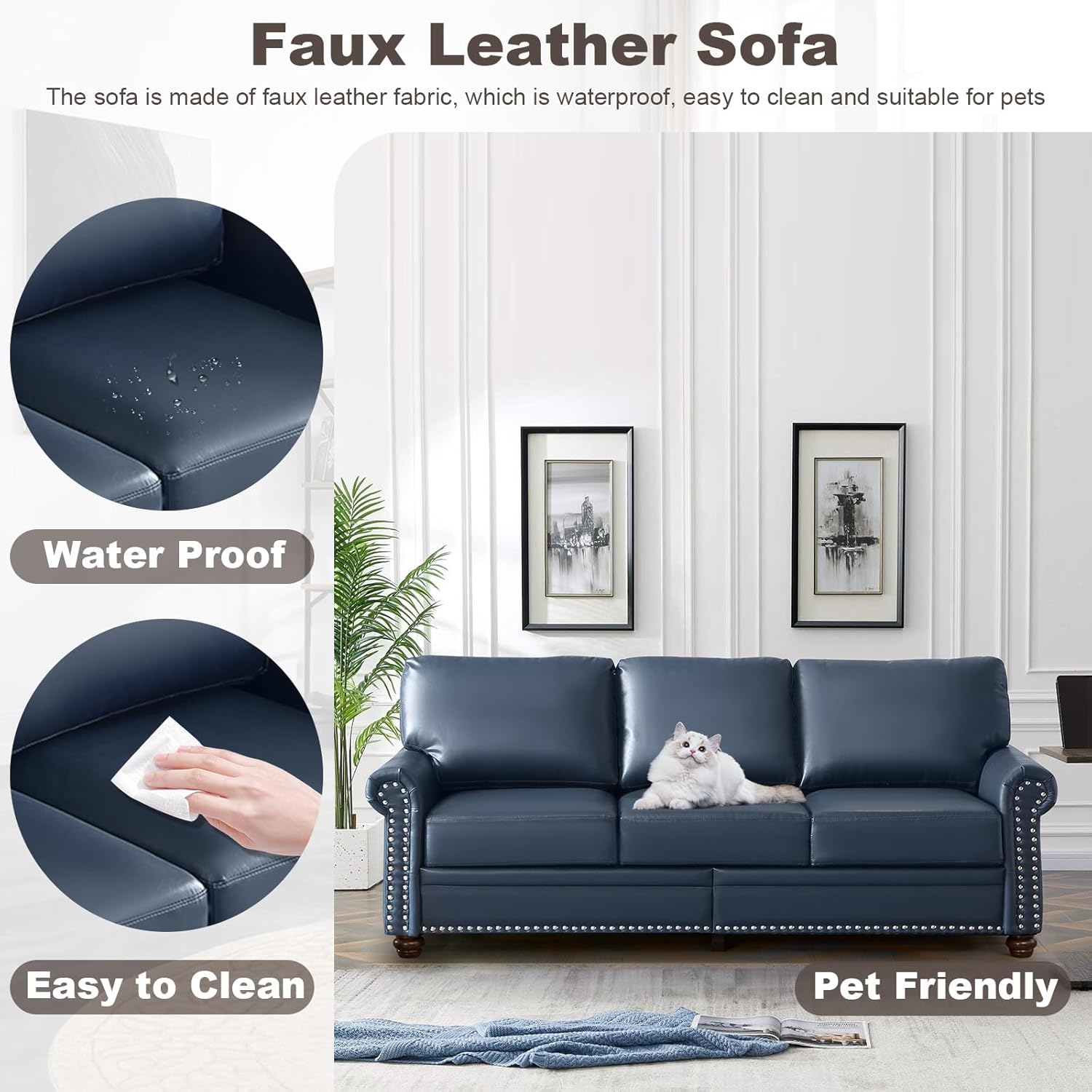 3 Piece Faux Leather Sofa Set,Mid Century Modern Couch and Loveseat Sets with Storage,Comfy Deep Seat Sofa with Nailhead Trim & Rolled Arm for Living Room,Office(Armchair+Loveseat+3 Seater,Navy Blue)