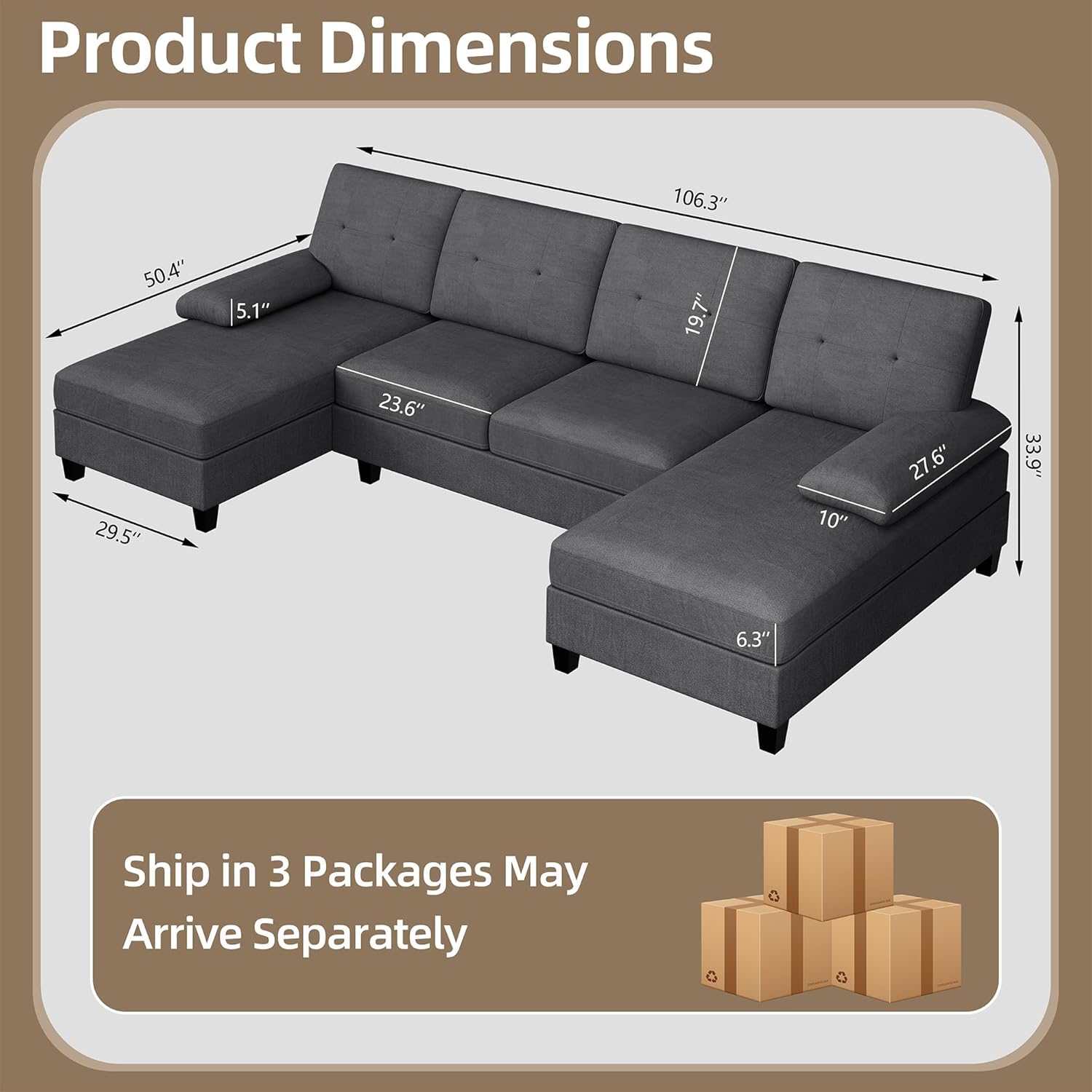 Walsunny Sectional Couches for Living Room, Convertible U-Shaped Sofa Couch with Double Chaise, 4 Seat Sofa Set Modular Sofa Couch for Apartment, Black