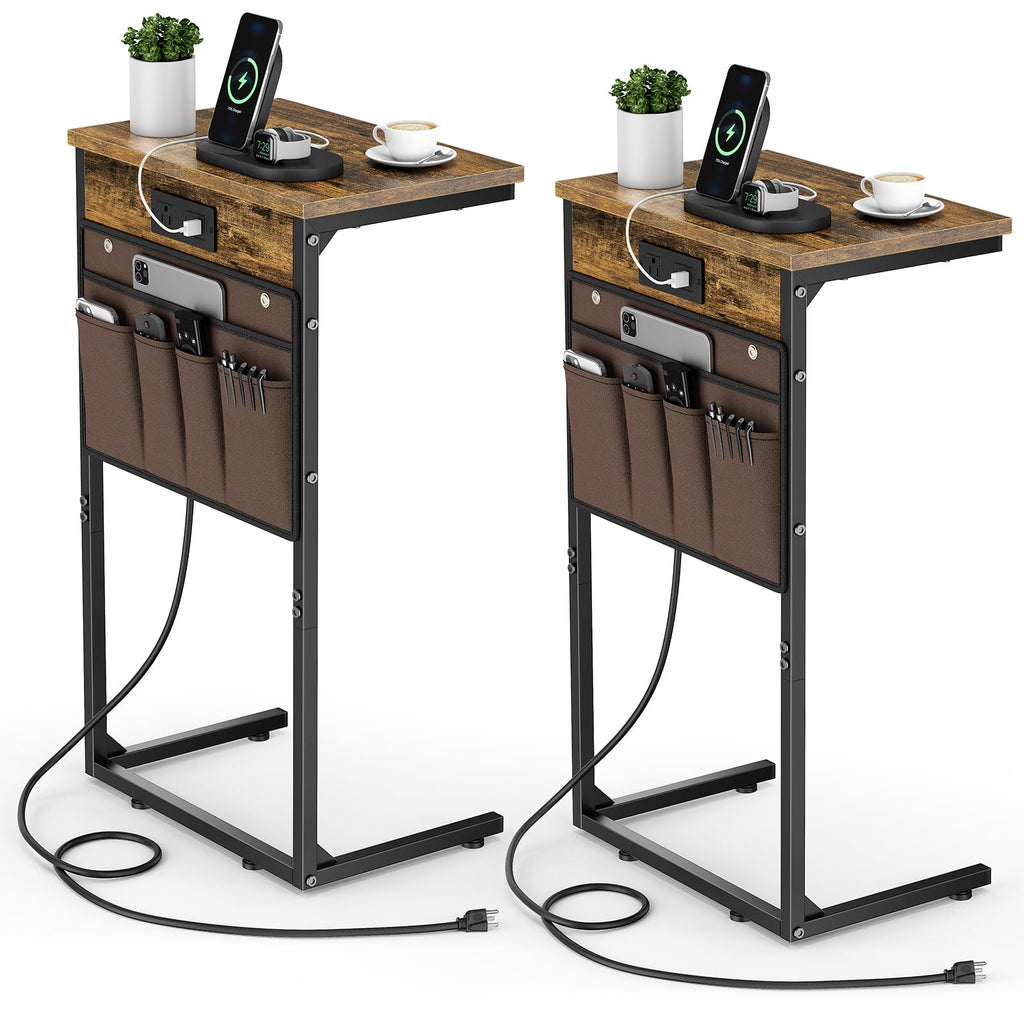 Vagusicc C Shaped End Table with Charging Station, 28" Tall Side Table for Couch, Sofa Table Small Couch Side Coffee Tables, Slide Under Sofa TV Tray Arm C Table for Living Room, Bedroom, Bedside