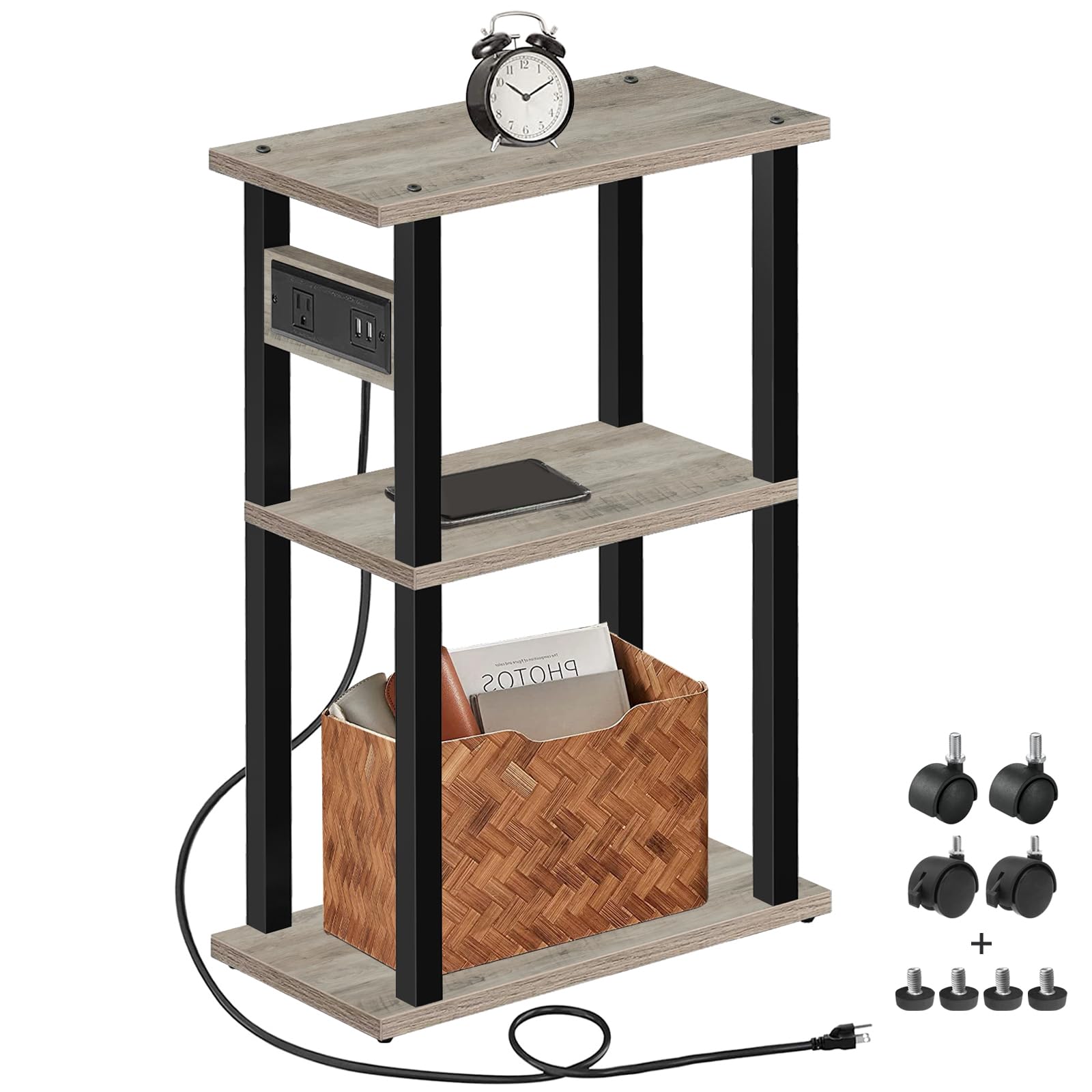 TUTOTAK Small Narrow Side Table with Charging Station, Skinny End Table for Small Spaces, Slim Nightstand with USB Ports and Outlet, Sofa Beside Table with Wheels, Brown TB01BB046