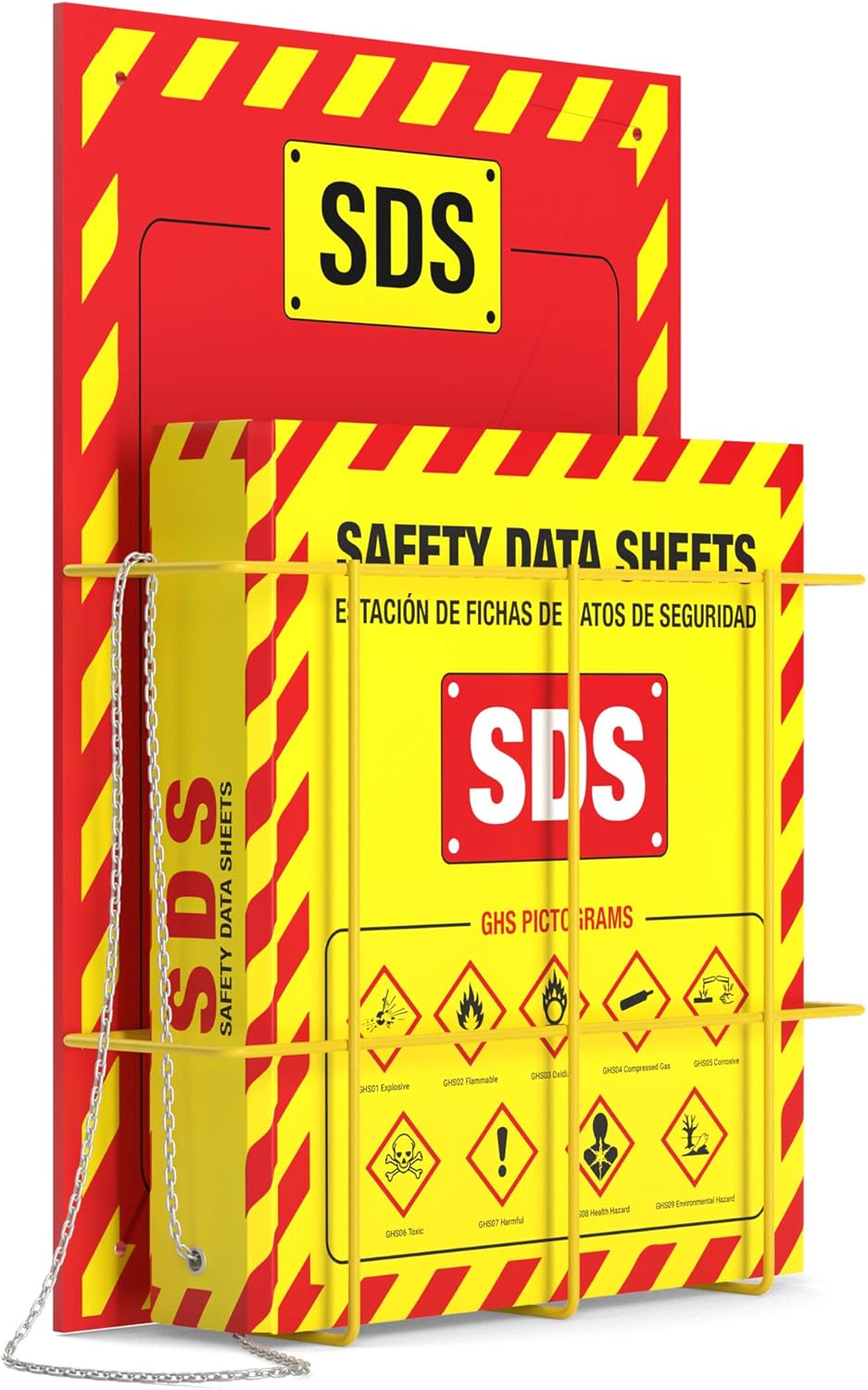 MSDS Wall Station with 3” SDS Binder & Wire Rack, OSHA/GHS Safety Data Sheet Station, Bilingual Labels, Display Sign, Chain & Mounting Hardware