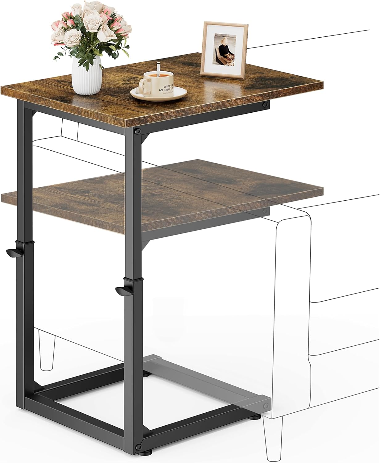 Vagusicc C Shaped End Table, 33" Tall Couch Table Adjustable Height Side Table, Sofa Table That Slide Under, C Table End Table TV Tray Coffee Arm Table for Living Room, Bedroom, Small Spaces, Brown