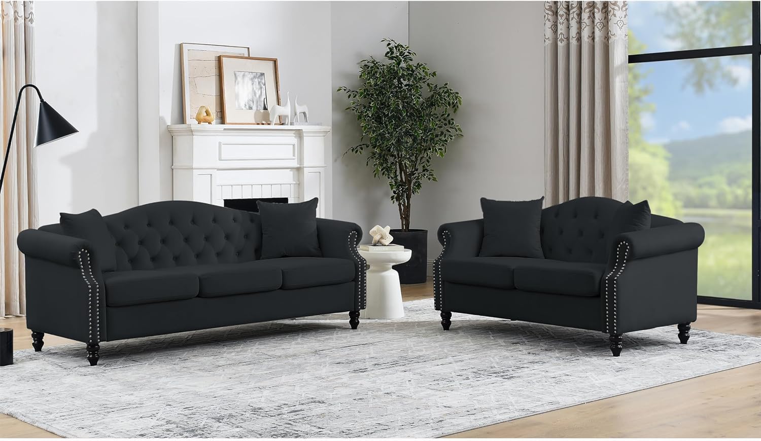 2 Piece Velvet Chesterfield Sofa,79" 3 Seater and 57" Loveseat Sofa Set,Button Tufted Nailhead Trimming Curved Backrest Rolled Arm (Grey, 79" 3 Seater and 57" Loveseat Velvet Sofa Sets)