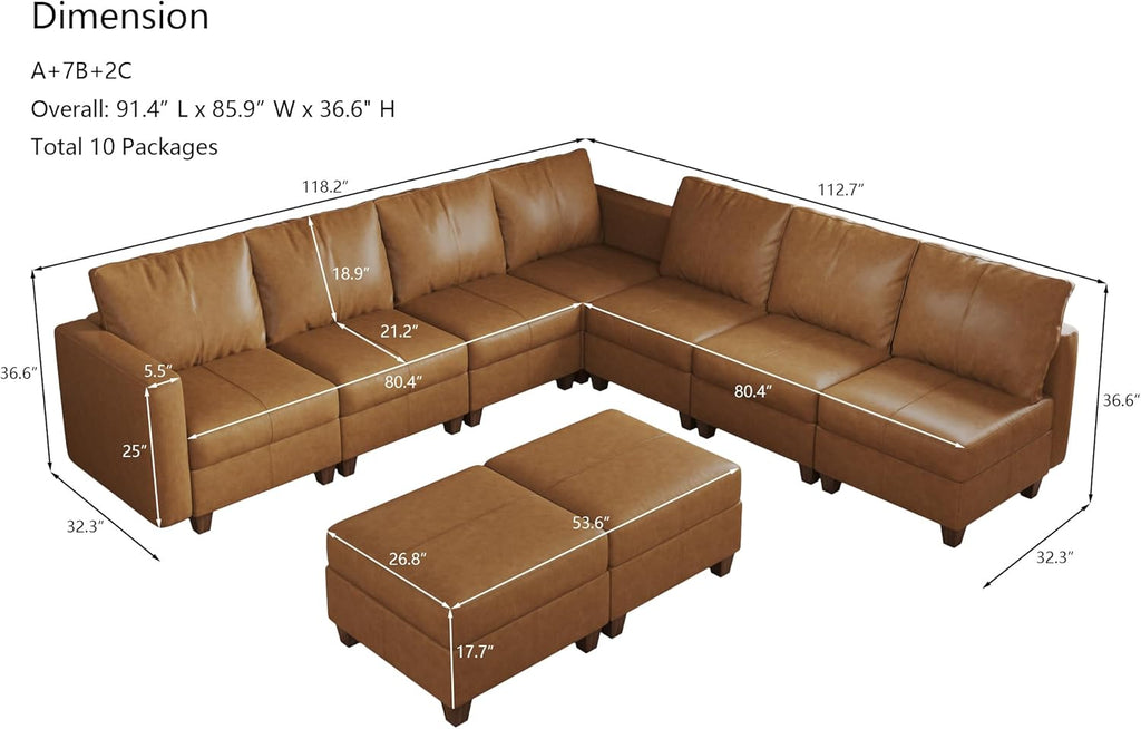 EASE MOOSE Brown Modular Sectional Couch with Storage, Faux Leather Sectional Modular Sofa or Living Room