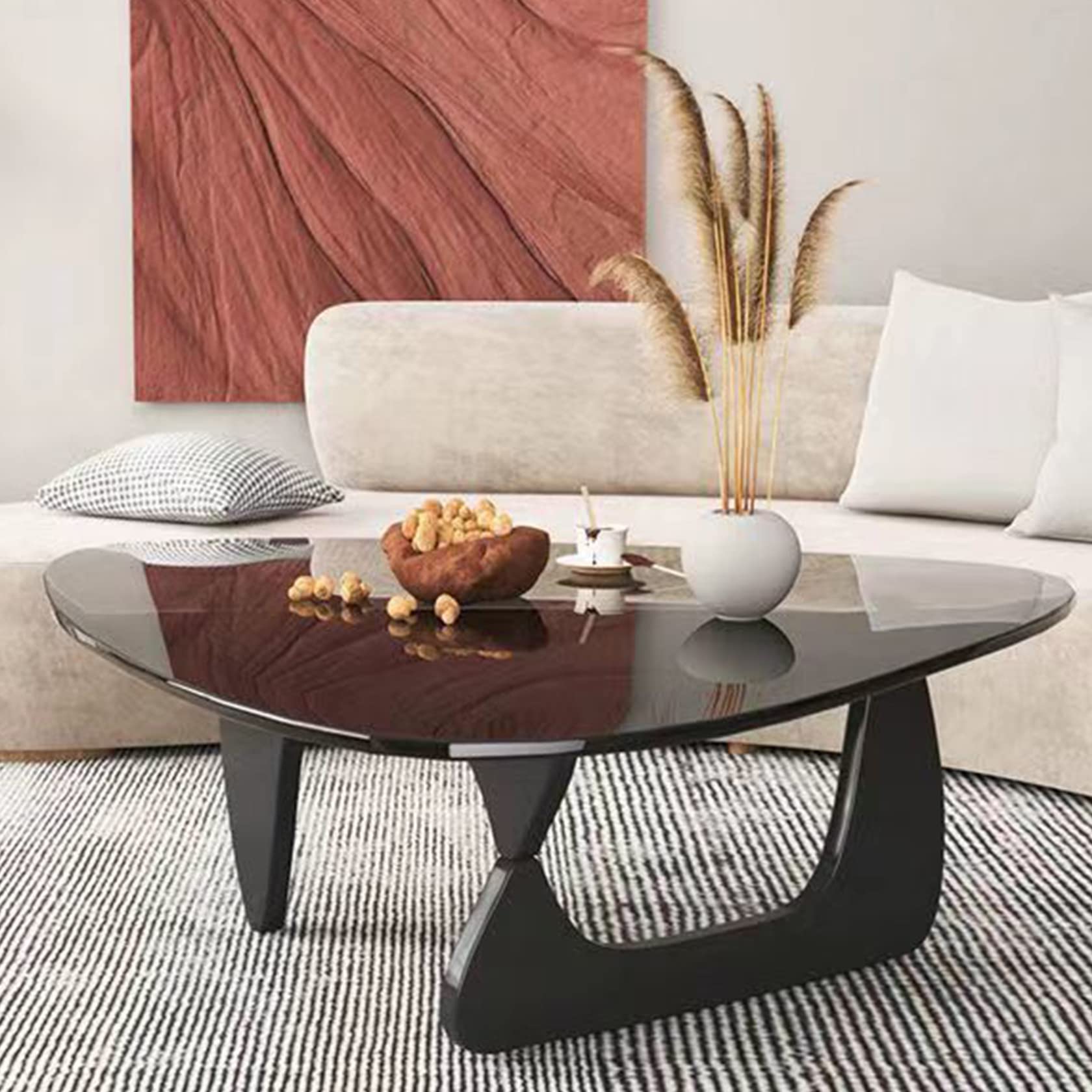 Coffee Tables for Living Room - Triangle Glass Coffee Table with Wooden Base Mid-Century Modern Abstract End Table for Study Room Office Hotel Balcony (Walnut Transparent, Small 32.2 * 22.4 * 16in)