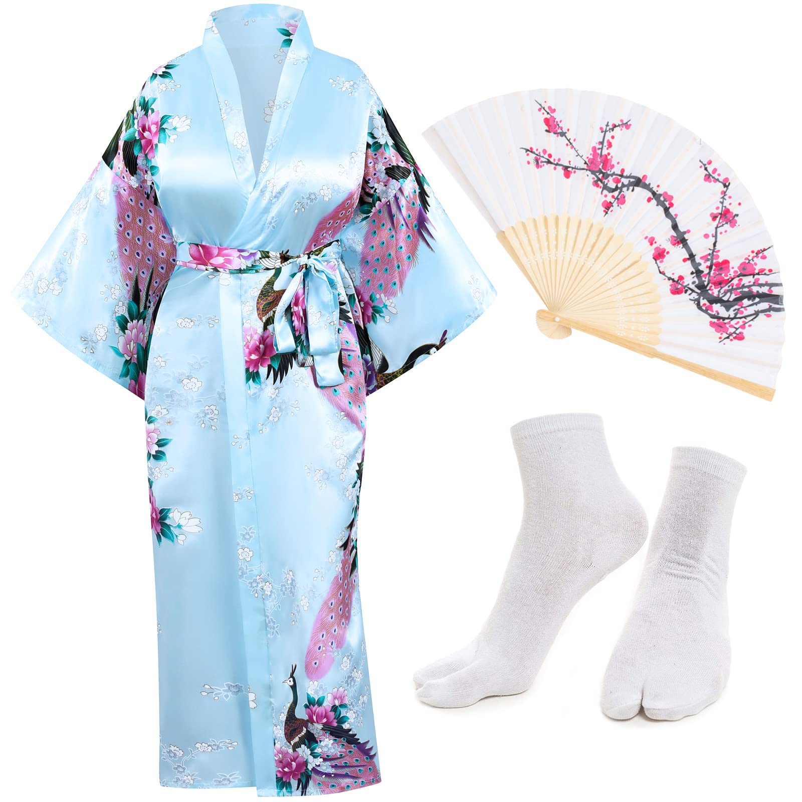 Heone Kimono Satin Peacock Printed Lightweight Cardigan Jacket Coat Yukata Cloak Bathrobe Tops folding Fans Tabi Socks Set