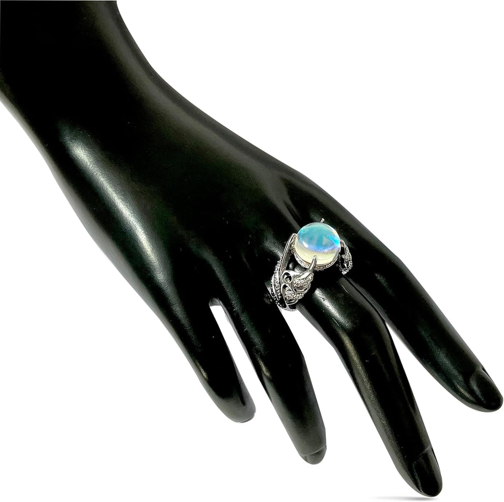 HAIXIAN Feather Leaf Moonstone Ring,S925 Sterling Silver Statement Angel wings Ring,Cocktail Party Ring Jewelry for Women