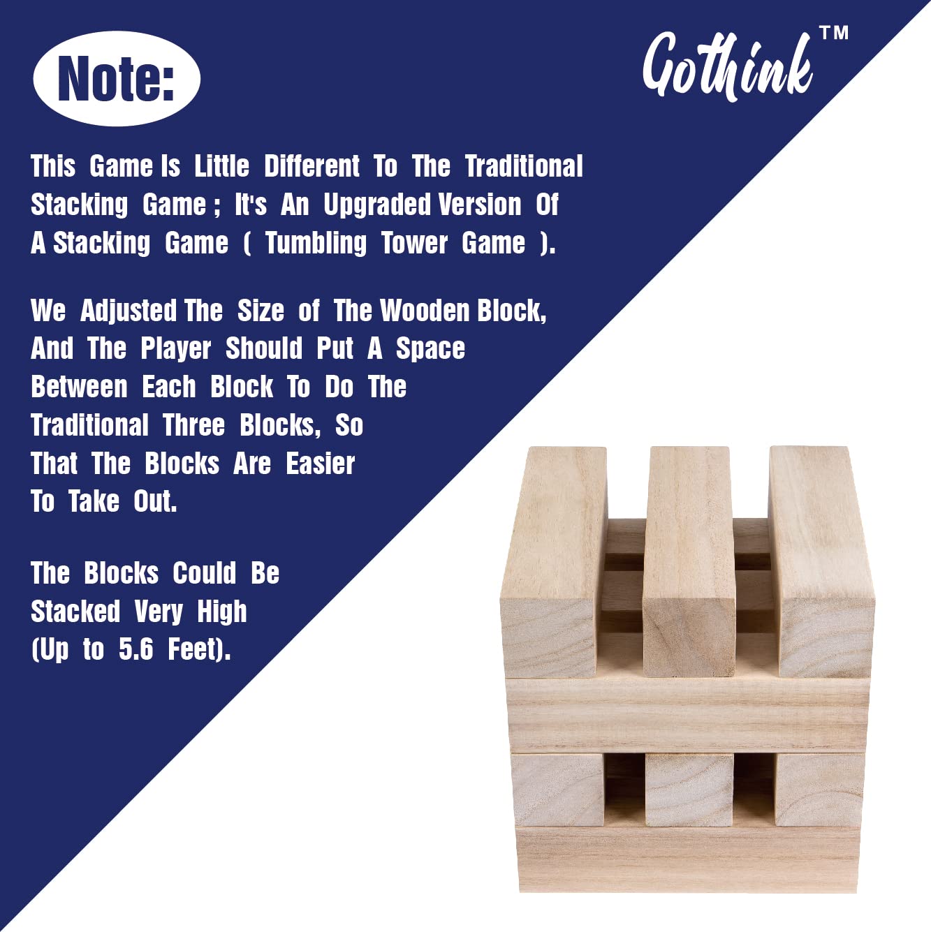 GOTHINK Giant Tumbling Tower Game, Super Large 51pcs Wooden Blocks Stacking Game, Stack to Over 6 Feet, Carry Bag, Jumbo Outdoor Indoor Game Toy Gift for Kids and Adults